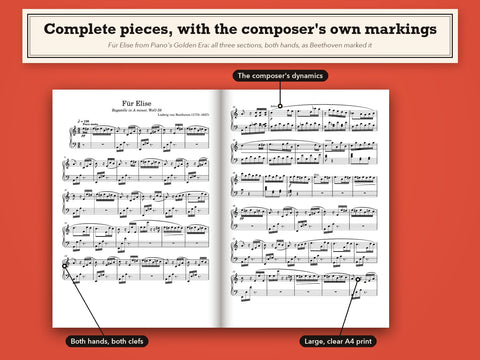 Open book showing Für Elise with callouts for the composer's dynamics, both hands on both clefs, and large A4 print