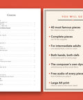 Contents page of Piano's Golden Era beside a list of what you get: 40 famous pieces, complete pieces, both hands, the composer's dynamics, free audio, large A4 print