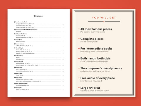Contents page of Piano's Golden Era beside a list of what you get: 40 famous pieces, complete pieces, both hands, the composer's dynamics, free audio, large A4 print