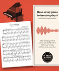 A page of Gymnopédie No. 1 beside a sound wave and the words Hear every piece before you play it: free audio of all 40 pieces