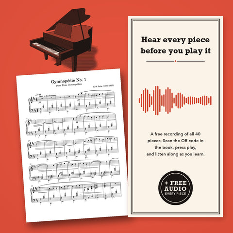 A page of Gymnopédie No. 1 beside a sound wave and the words Hear every piece before you play it: free audio of all 40 pieces