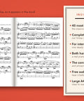 Open book showing two pages of Für Elise next to a list of the book's seven features