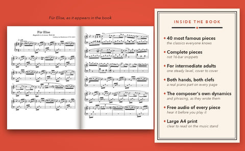 Open book showing two pages of Für Elise next to a list of the book's seven features
